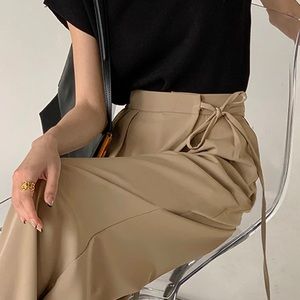 Tie Waist Flowy Wide Leg Pants (Tan, No Stretch, Great Material - fits small)
